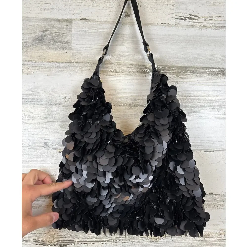 Unbranded Womens Black Sequin Beaded Embellished Evening Shoulder Bag NEW